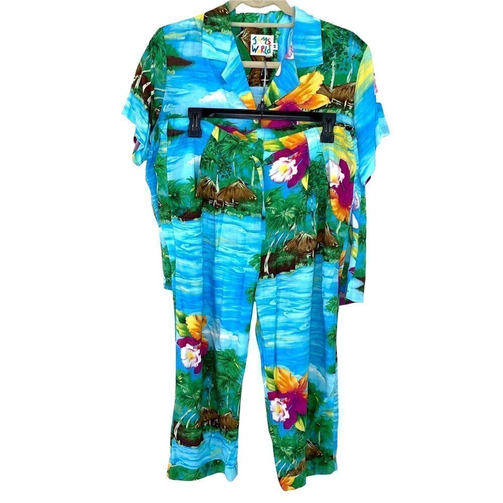 Jams World Pant Set Womens Size XS Medium Vintage Hawaiian Orchid Island Rayon